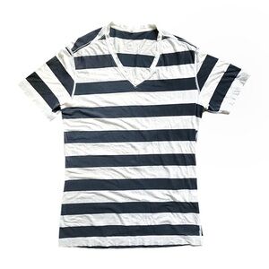 LULULEMON Navy White Wide Stripe 5 Year Basic V Neck T-Shirt, sz Med